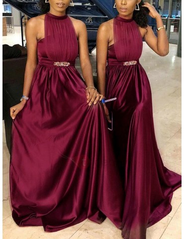 A-Line Halter Ruched Beading Bridesmaid Dress