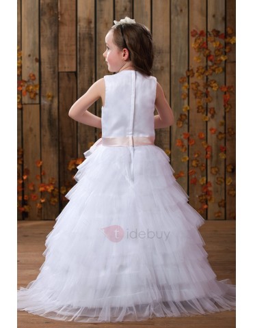 Beautiful A-line Jewel Tea-length Tiered Flower Girl Dress