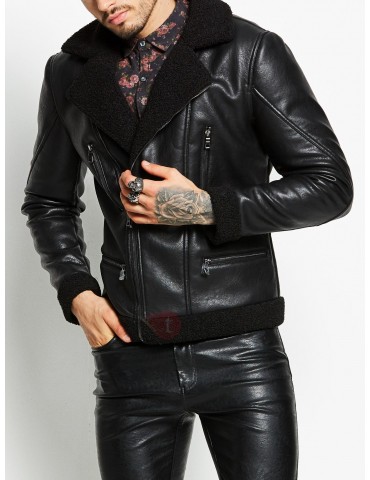 Black Lapel Zipper Men's Leather Jacket