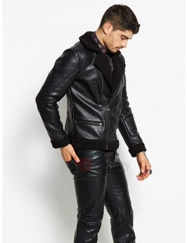 Black Lapel Zipper Men's Leather Jacket