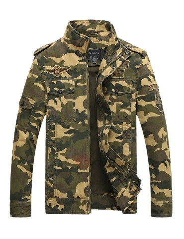 Camouflage Stand Collar Pockets Slim Zipper Men's Jacket