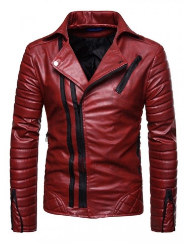 Fashion Zipper Plain Lapel Men's Leather Jacket