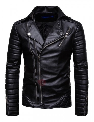 Fashion Zipper Plain Lapel Men's Leather Jacket