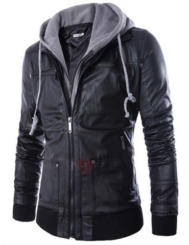 Double-Layer Hooded Zipper Men's Leather Jacket