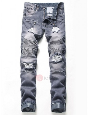Hole Worn Slim Fit Men's Ripped Jeans