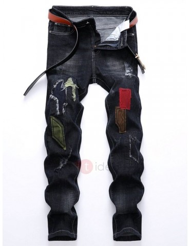 Worn Hole Patchwork Pleated Men's Ripped Jeans
