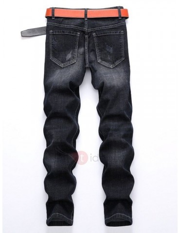 Worn Hole Patchwork Pleated Men's Ripped Jeans