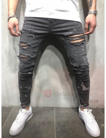 Worn Hole Pleated Thin Zipper Men's Ripped Jeans