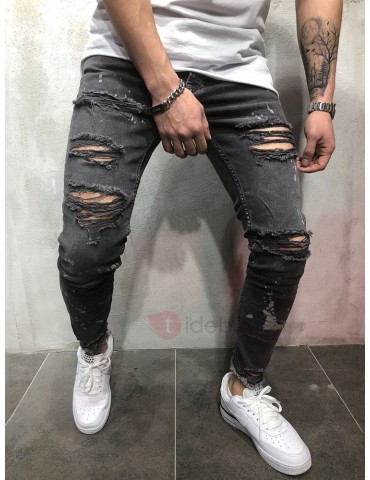 Worn Hole Pleated Thin Zipper Men's Ripped Jeans