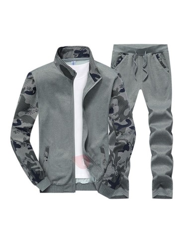 Camouflage Sleeve Stand Collar Zipper Men's Outfits