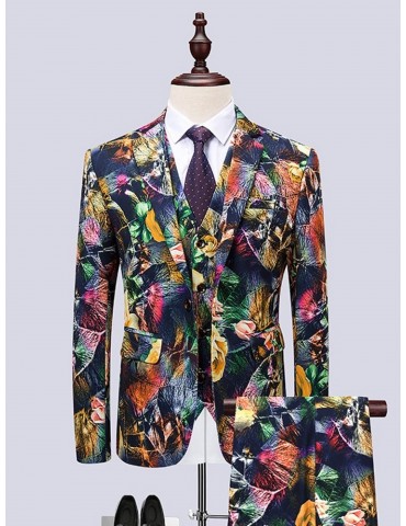 Floral Print Blazer Vest Pants Men's Stylish Suit