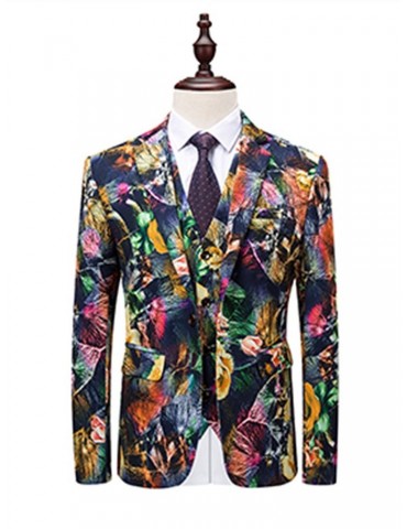 Floral Print Blazer Vest Pants Men's Stylish Suit