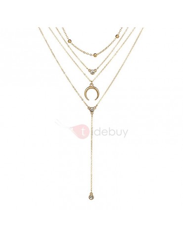 Concise Horn Shape with Rhinestone Gold Layered Necklace