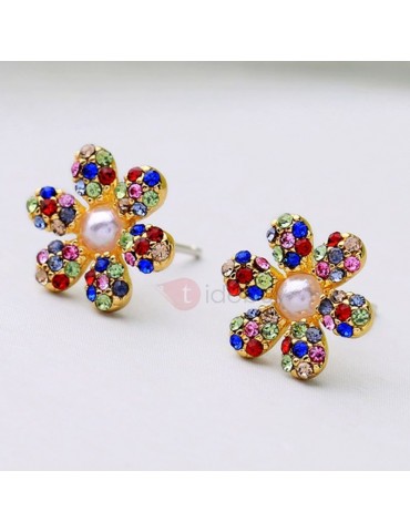 Colored Floral Shape Bronze Stud Earrings