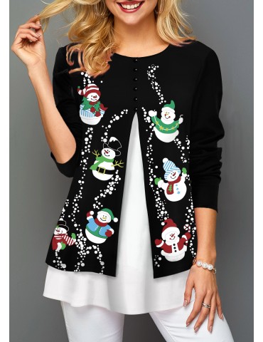 Christmas Snowman Print Contrast Panel T Shirt