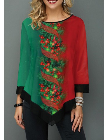 Asymmetric Hem Christmas Print Color Block T Shirt