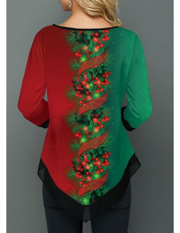 Asymmetric Hem Christmas Print Color Block T Shirt