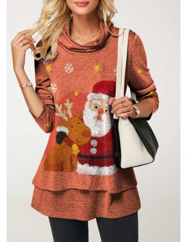 Santa Claus Print Long Sleeve Cowl Neck Blouse