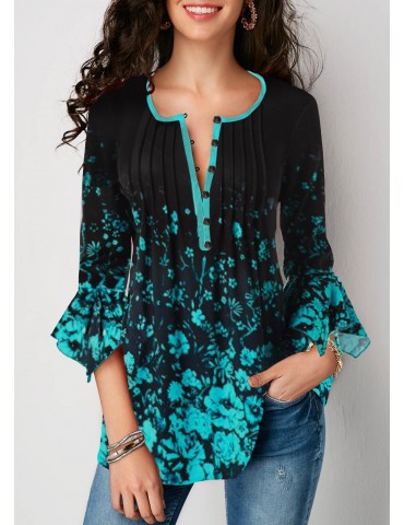 Button Front Printed Flare Sleeve Blouse
