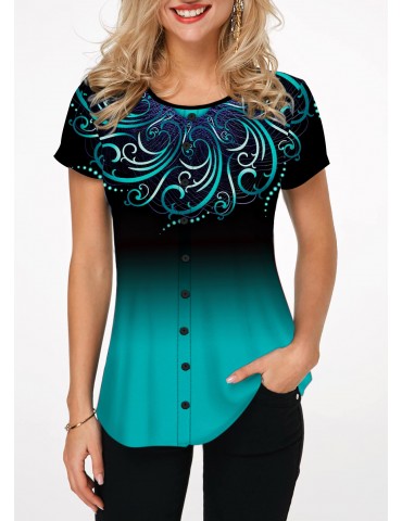 Button Embellished Round Neck Printed Blouse