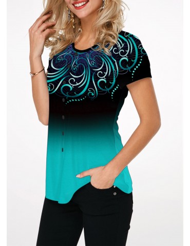 Button Embellished Round Neck Printed Blouse