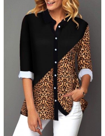 Button Up Contrast Panel Leopard Print Shirt