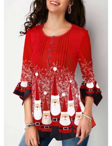Christmas Print Flare Cuff Crinkle Chest Blouse