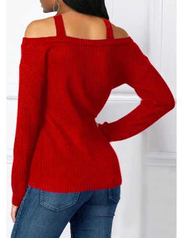 Asymmetric Hem Cold Shoulder Cross Strap Sweater