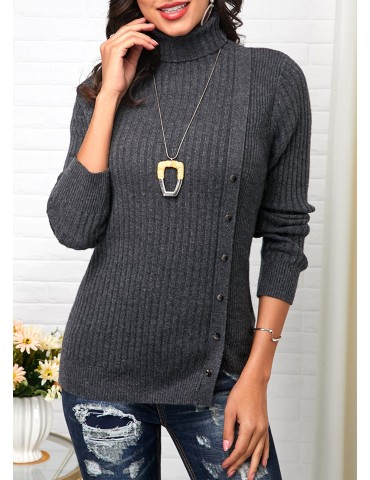 Button Decorated Long Sleeve Turtleneck Sweater
