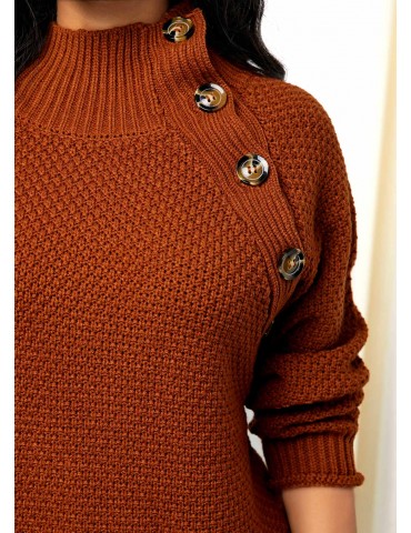 Button Detail Pullover High Neck Sweater