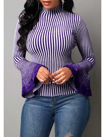 Flare Sleeve High Neck Stripe Pattern Sweater