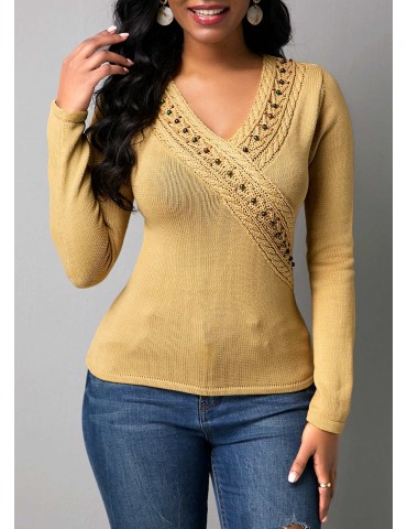 Beads Embellished Pullover Rib Knit Sweater