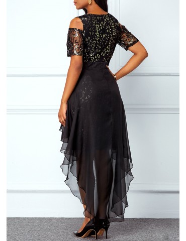 Chiffon Overlay Cold Shoulder High Low Lace Dress