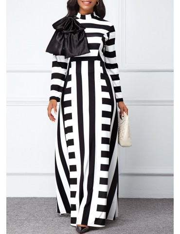 Back Zipper Monochrome Stripe Maxi Dress