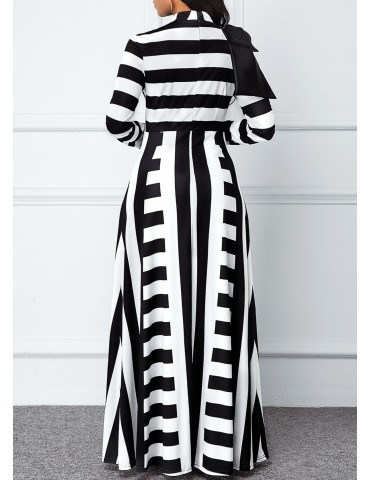 Back Zipper Monochrome Stripe Maxi Dress