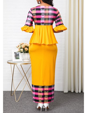 Yellow Plaid Print Half Sleeve Maxi Dress
