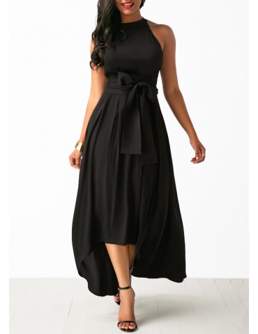 Belted Asymmetric Hem Black Maxi Dress and Cardigan