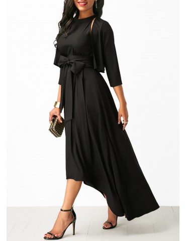 Belted Asymmetric Hem Black Maxi Dress and Cardigan