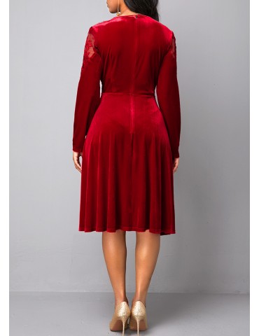 Back Zipper Lace Panel Wine Red Velvet Dress