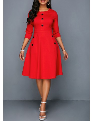 Button Embellished Red Pocket A Line Dress