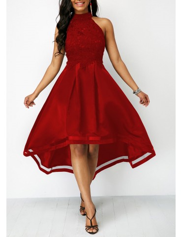 Sleeveless Lace Panel Wine Red High Low Dress