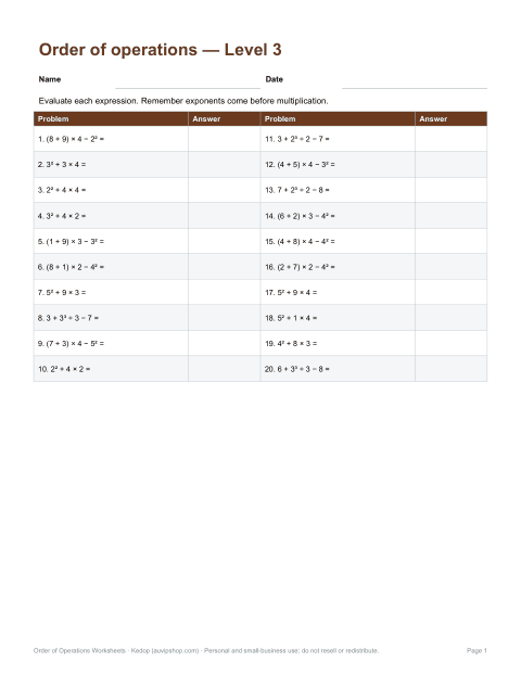 Preview of the first page of Level 3: exponents